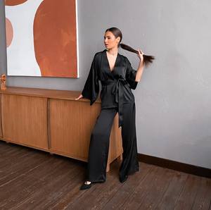 Set Piyama 2 Potong Baru, Lengan Panjang, Celana Longgar, Wanita, Tali Ikat, Sutra Satin, Setelan Tidur untuk Musim Gugur - Product Image 5