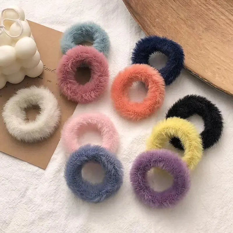 Soft Autumn Winter Ladies Sweet Candy Color Bold Fluffy Fuzzy Plush Furry Faux Fur Circle Ring Elastic Rubber Hair Bands Ties