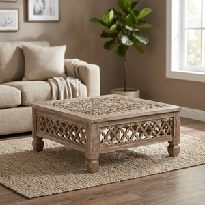 Table carrée bohème en bois de manguier artisanale, écologique, durable et légère, Aqdus Saleem |   Pouf sculpté en gros pour l'aménagement intérieur - Product Image 2