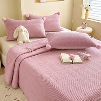 Ensemble de couvre-lit matelassé en velours froissé pour enfant, certifié Oeko-Tex, avec décorations pompons, literie haut de gamme, couleur personnalisée, neutre, pour chambre d'enfant