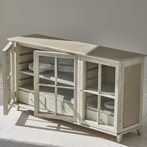 Credenza in Stile Country Francese Shabby Chic Japandi, Legno di Pino Riciclato, Fatta a Mano, Bianco Antico, per <span class=keywords><strong>Soggiorno</strong></span> e <span class=keywords><strong>Cucina</strong></span> in Stile Fattoria - Product Image 1