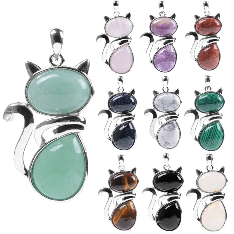 Natural crystal stone cat pendant necklace amethyst rose quartz cat pendant fashion gemstone jewelry