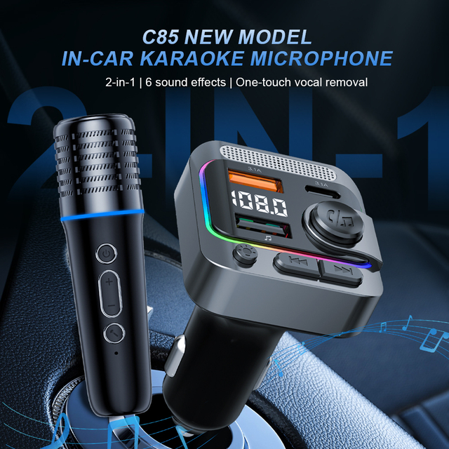 C85 2-in-1 Car Bluetooth FM Transmitter Wireless Karaoke Microphone Dual USB Type-C Charger Vocal Removal & Voice Effects