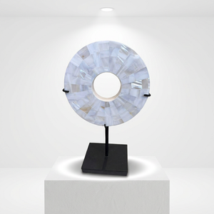 Circular <b>Mother</b> of Pearl Handmade Vintage Engraved Letterpress Printed Wall Art on Black Stand Decorative Disc Sculpture Bali - Product Image 1