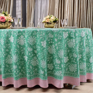 Mint Green Pink Modern Handmade Indian Floral Cotton Round Reusable <b>Tablecloth</b> Hand Block Printed Border for Home Parties Events - Product Image 2