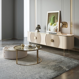 Modern art concept Nordic style tv stand table and coffee table set Minimalist White living room furniture