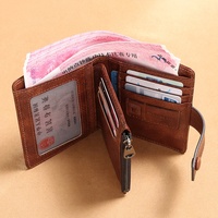 Dompet Kulit Sapi Vintage Pria, Dompet Pendek Ritsleting Saku Kulit Sapi