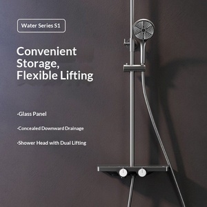 R&T S1 Soporte de Ducha Moderno Cromado de Doble Agarre para Montaje en Pared con Plataforma de Almacenamiento de Vidrio Templado y Barra Deslizante con Salida Inferior Oculta - Product Image 2