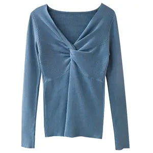 Chic Vintage Hong Kong Style V-Neck Cross Design Women's Sweater Thin Base Vintage Knitwear