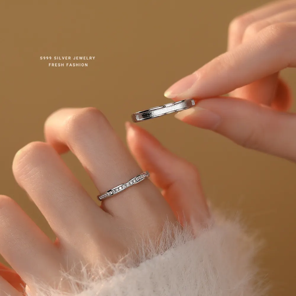 À la mode de haute qualité 999 en argent Sterling zircon cubique pavé Unique amant bijoux Couple anneaux ensemble réglable