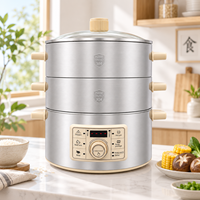 OEM 1600W 2 Tingkat Multifungsi Penghangat Makanan dengan Timer Tunda, Pengukus Makanan Rumah Tangga 15L, Pengukus Makanan Elektrik