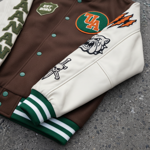 Veste de baseball formelle unisexe avec logo personnalisé OEM, broderie en chenille camouflage sur le devant, manches en polaire, style bomber, veste varsity - Product Image 4