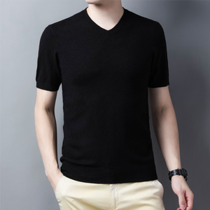 Suéter de punto de manga corta con cuello en V de color liso para <span class=keywords><strong>hombre</strong></span>, estilo casual, ideal como capa base, novedad de otoño, venta al por mayor. - Product Image 5