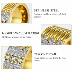 Wide Stainless <b>Steel</b> Zircon Statement <b>Ring</b> with Square Stone Grid and 14K Gold Vacuum Plating - Product Image 4