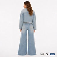 Ensemble veste courte en jean bleu clair délavé au soleil 10oz à ourlet brut et jean évasé à jambe large pour femme, style bohème, OEM XS-5XL