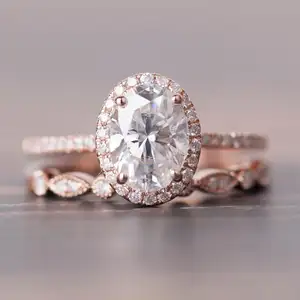 VVS Moissanite WeddingRing مجموعة من 2 قطعة خاتم كلاسيكي 18K ذهبي وردي خاتم 6x8 مللي متر مويسانيت حلقة خطوبة بيضاوية