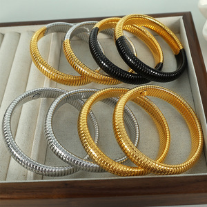 European American Vintage Style <b>Titanium</b> Steel Wide Bangle 12mm Color Block Elastic Snake Bone Hip Hop Bracelet Unisex Jewelry - Product Image 2