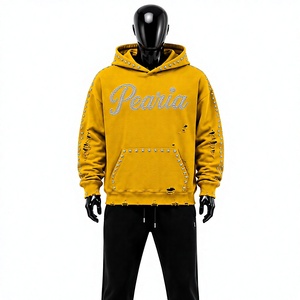 Men's Winter Acid Wash Digital Printing Rhinestone Embroidery 100% Cotton Hooded Pullover Fleece Oversized Streetwear <b>Hoodie</b> - Product Image 1