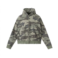 Sweat à capuche zippé personnalisé OEM en molleton bouclette coupe ample, style streetwear, imprimé DTG Kornit, motif camouflage quadrillé vert vieilli