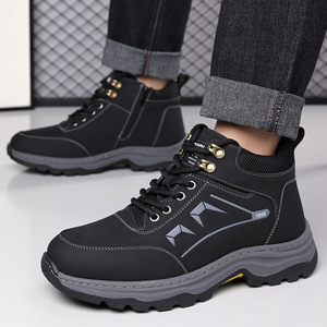 Bottes d'hiver pour hommes, doublées de polaire, chaudes, à tige haute, antidérapantes, en cuir, pour la randonnée, talon plat, couleur unie, kaki, noir - Product Image 4