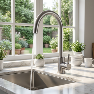 Modern Single Handle Kitchen Faucet Brushed Nickel Deck <b>Mounted</b> Pull Down <b>Spray</b> Contemporary Design - Product Image 2