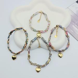 ファッションブレスレット布とステンレススチールハート形ゴールドメッキチャームブレスレット手作り女性用男性用 - Product Image 1