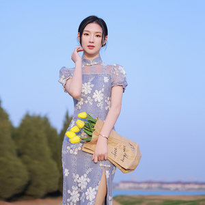 Diseño tradicional chino sentido nicho chica joven estilo <span class=keywords><strong>azul</strong></span> claro vestidos de encaje bordado encaje vestidos de novia <span class=keywords><strong>qipao</strong></span> mujeres fábrica - Product Image 6