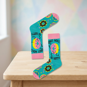 Chaussettes unisexes colorées à motifs Donut Worry Be Happy - Tissu tissé pour la maison - Product Image 2