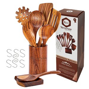 9-Piece tự nhiên bằng gỗ Tếch <span class=keywords><strong>Cookware</strong></span> Set không dính đồ dùng nhà bếp bao gồm súp thìa thìa cho cà phê trà bên nấu ăn - Product Image 1