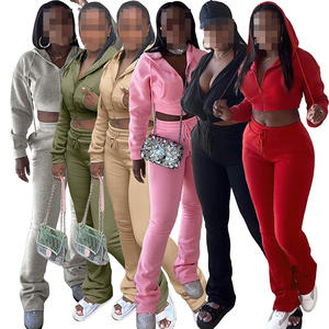 Setelan Dua Potong Pakaian Wanita Celana Flare Jaket Resleting Pakaian Santai Wanita Setelan 2 Potong Celana Olahraga dan Hoodie Setelan Wanita - Product Image 1