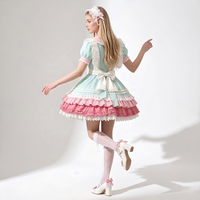 Robe Lolita rose pastel et verte avec volants, tablier et bandeau KC, ensemble complet pour femme, costume cosplay
