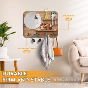 Wall Mounted Wooden Coat Rack With Mirror And <b>Shelves</b> Multi Purpose Storage For Entryway Bedroom <b>Hooks</b> Organizer - Product Image 3