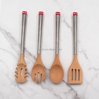 Set Peralatan Dapur Kayu Beech Alami Desain Khusus 4 Buah dengan Gagang Logam Set Dapur Kayu