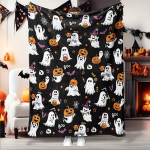 Manta de Franela Suave con Diseño de Calabaza Fantasma de Dibujos Animados de Halloween, Manta Rectangular de Polar para el Hogar, Ecológica, Estilo Otoñal - Product Image 1