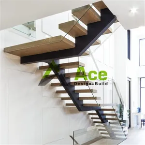European Style Wooden Staircase With LED Light Design A3 Steel Mono Stringer