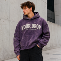 Sweat à capuche violet personnalisé 450 GSM, délavé à l'acide, avec strass, patch chenille vieilli et broderie appliquée, vente en gros d'usine