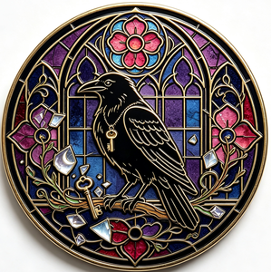 Moneda Redonda de Cobre con Diseño de Cuervo Negro, Arte Gótico, Moneda Coleccionable Esmaltada con Diseño Floral Morado y Llave - Product Image 4