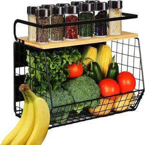 Wall Mounted Kitchen Storage Rack 2 Tier Magnetic Fruit <b>Vegetable</b> Organizer With Spice Shelf For Refrigerator Use - Product Image 1