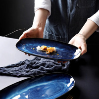 Plato Ovalado de Cerámica para Sushi con Esmalte Reactivo Azul, Plato para Servir, Vajilla, Plato para Aperitivos Japonés de 12 y 14 Pulgadas, para Hotel y Restaurante