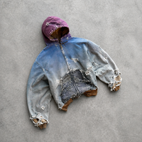 Veste à capuche zippée pour homme, sur mesure, en toile, dégradé ombré bleu, effet teinture par immersion, déchirée, effilochée, bords bruts, coupe oversize