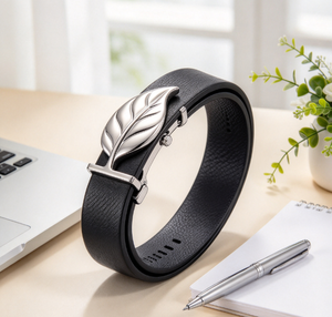 Ceinture en cuir de vachette véritable noir avec boucle feuille 3D argentée et dorée, durable et décontractée - Product Image 4