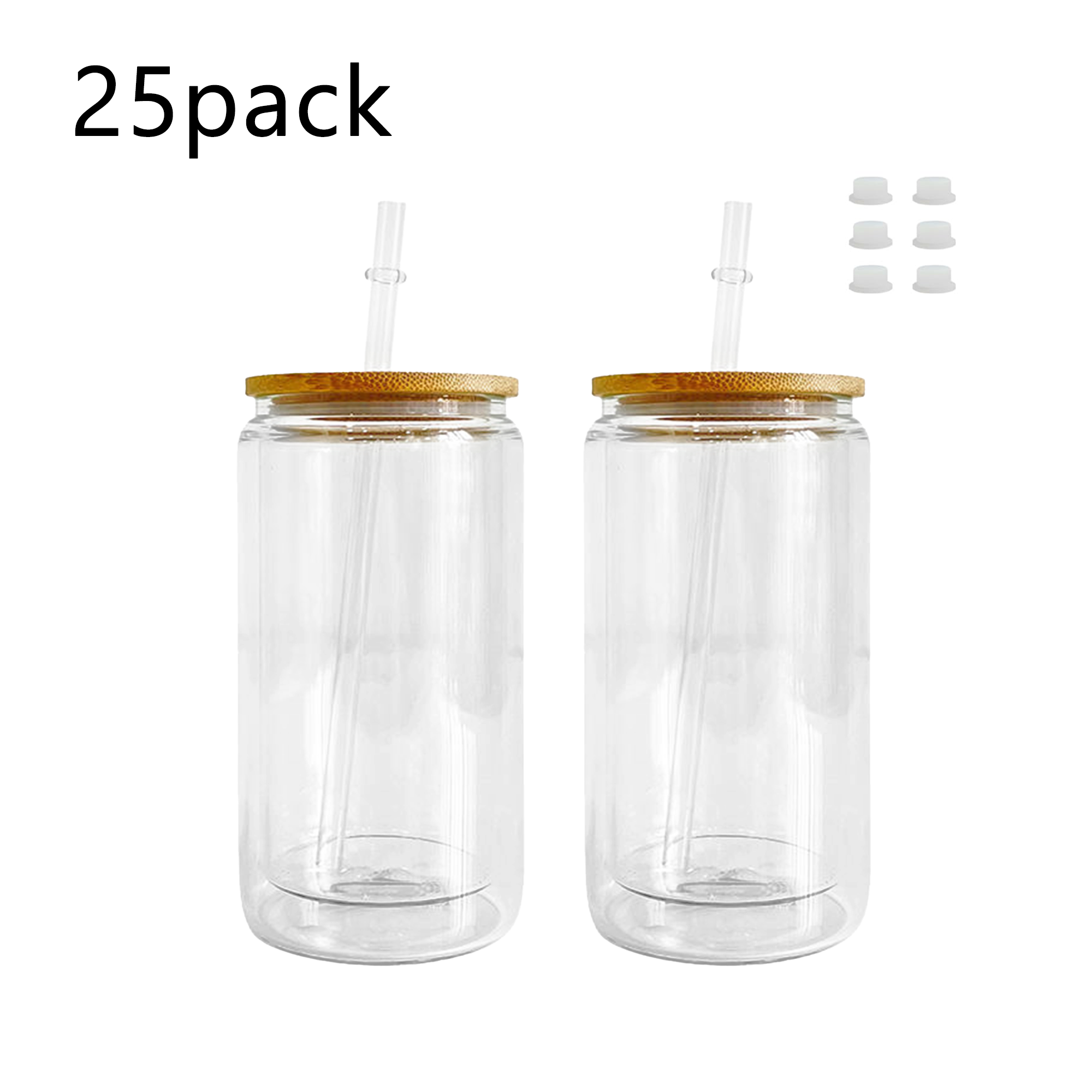 16oz double wall bamboo lid clear glass can
