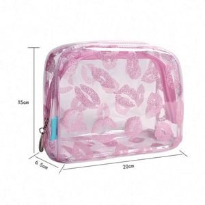 Trousse de Toilette Imprimée Lèvres Rouges Tendance pour Femme, Sac de Voyage Carré Transparent en PVC Imperméable, Pochette Cosmétique et Maquillage - Product Image 4