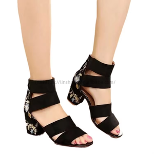 Factory Wholesale Summer Embroidered Open Toe Women's Thick High Heel Sandals Heeled Sandals for Women - Product Image 5