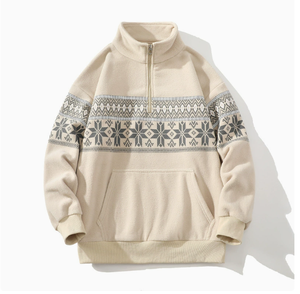 Sweat-shirt polaire vintage pour homme, col montant zippé, imprimé flocons de neige, poche kangourou, vente en gros, décontracté, hiver - Product Image 6