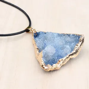 Natural rough geode aura gold pendant for necklace accessories