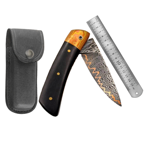 Couteau de poche pliant de qualité industrielle en gros, lame en acier Damas, manche en acier inoxydable/bois, lame utilitaire compacte et portable - Product Image 3