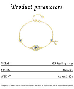 S925 silver Gold Plated Eye Chain <b>Bracelet</b> With Blue Crystal And H Charm Minimalist Women's Everyday Wear Jewelry - Product Image 2