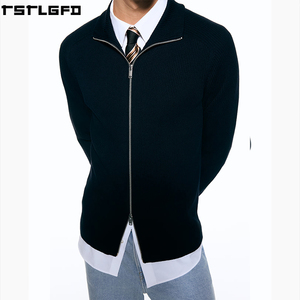 Cárdigan de punto acanalado para hombre, azul marino, corte ajustado, cremallera bidireccional, cuello alto, estilo urbano, suéteres para hombre, fabricantes al por mayor - Product Image 5