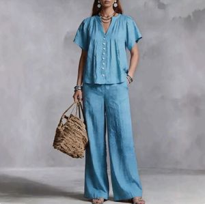 Nouvel ensemble décontracté pour <span class=keywords><strong>femme</strong></span> en coton et lin à col en V, style européen et américain, idéal pour les vacances à la plage - Product Image 3